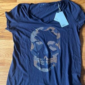 Zadig & Voltaire navy tee with metallic stud skull design L